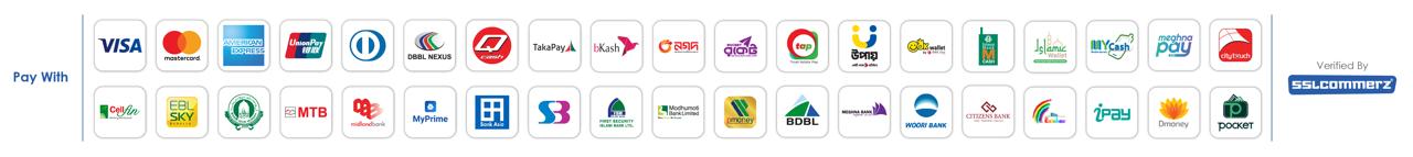 Accepted payment methods — bKash, Nagad, Rocket, Visa, Mastercard, American Express and more via SSLCommerz